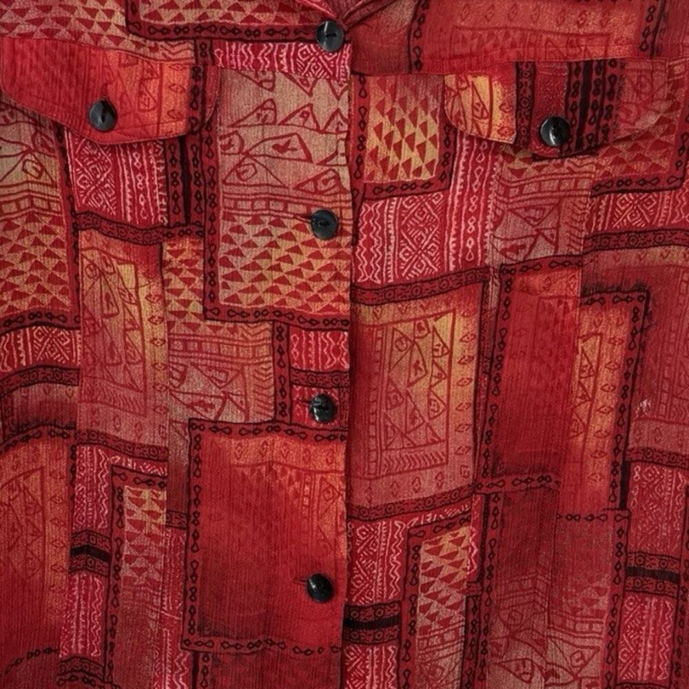 Chicos 3 Silk Crepe Button Up Top XL Red Patchwork Print Long Sleeve Artsy - Picture 7 of 11